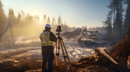 Engineers conducting a site inspection and evaluating environmental impact assessments for a construction project, with emphasis on sustainability and eco-friendly practices.