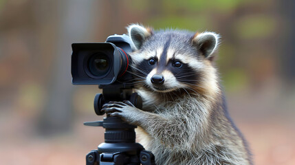 Funny raccoon close-up next to a camera. The raccoon is trying to take a picture. 