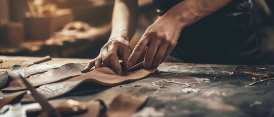 Artisan's hands meticulously crafting leatherwork with passion and precision. - obrazy, fototapety, plakaty