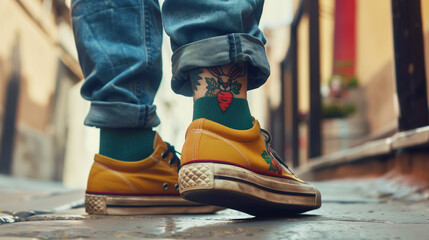 Close-up of feet in yellow sneakers on a city street and a funny tattoo of a bunny with a carrot on his ankle.  - obrazy, fototapety, plakaty