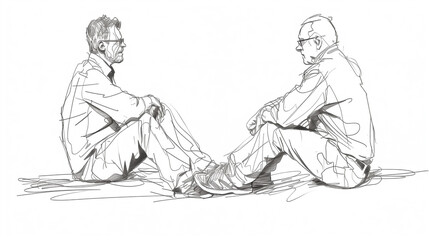one line drawing of two sitting men talking .
