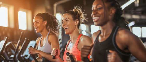 Joyful diverse women exercising on treadmills in a vibrant gym setting. - obrazy, fototapety, plakaty