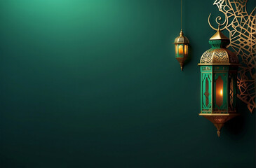 Ramadan kareem luxurious dark green flat background with lanterns decoration