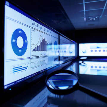 High tech SEO lab with floating screens displaying real time search engine analytics magnifier in action