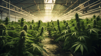 Cannabis grow in green house. Rows of plants. - obrazy, fototapety, plakaty