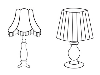 Stylish lamp, Modern lamp interior in bedroom, Electric table, floor lamps, lampshades, Different interior light standing and hanging.