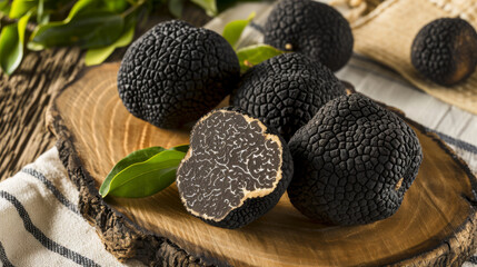 Obraz na płótnie Canvas Black truffles, renowned for their intense aroma and exquisite flavor, are artfully arranged on a rustic wooden cutting board.