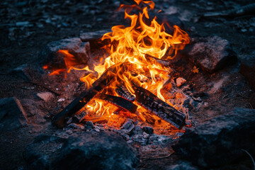 In the serene ambiance of the night, a campfire glows brightly, its flames dancing and casting a warm, inviting light.