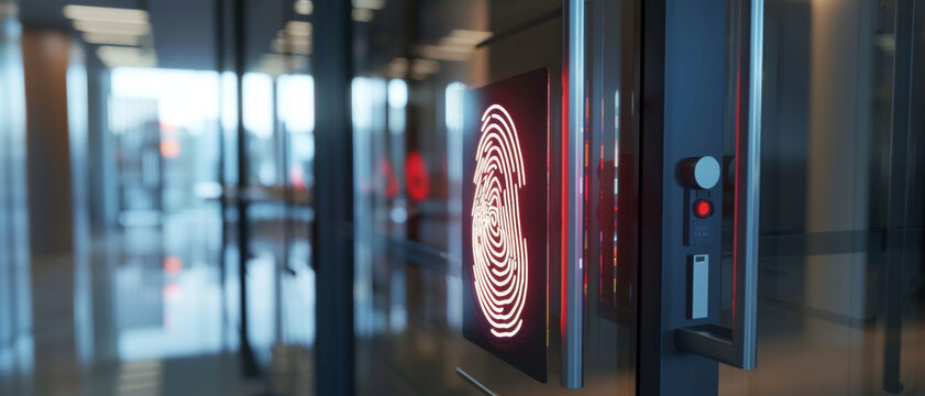 A futuristic red fingerprint access panel on a sleek office corridor.