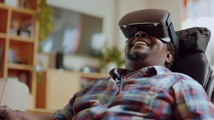 Candid disabled black man VR gaming at home wearing a VR headset. Black male gamer in a wheelchair gaming with virtual reality headset. AI generated