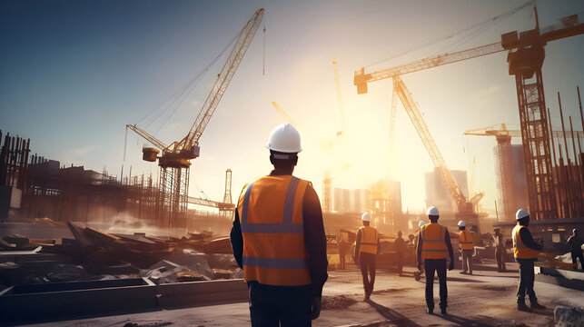  Engineers coordinating with construction crews and subcontractors while overseeing the progress of a large-scale infrastructure project on a busy construction site.