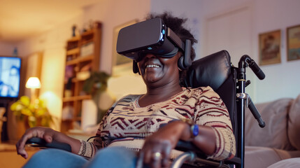 Fototapeta na wymiar Happy candid senior disabled woman VR gaming at home wearing a VR headset. Black female gamer in a wheelchair gaming with virtual reality headset. AI generated