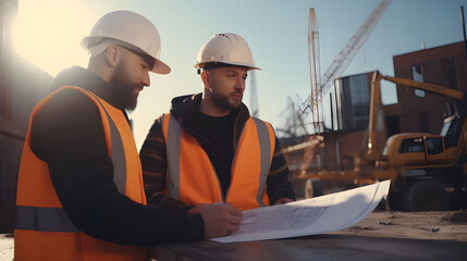 A construction manager and engineer coordinating logistics and scheduling deliveries on a busy building site, with construction workers and equipment moving efficiently to meet project deadlines.
