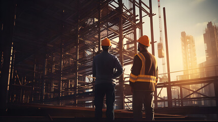 A construction manager and engineer inspecting the progress of a new building construction, with safety helmets and vests on, surrounded by scaffolding and construction equipment.