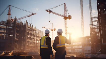  A construction manager and engineer examining structural components and discussing construction techniques on a busy building site, with cranes and workers visible in the background.