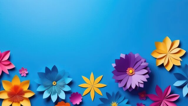 Blue background of paper flowers with empty space for text or greeting card design. Postcard for International Women's Day and Mother's Day.