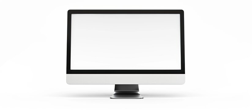A computer monitor with a blank screen sitting on top of a desk. The monitor is positioned on a white background, highlighting its sleek design and simple setup.