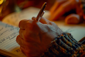 Male hand writing in notebook with pen. Close up, focus on hand.