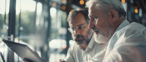Mature professionals engaged in a serious business conversation over a digital tablet in a café.