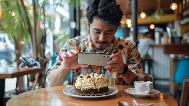 young man taking a picture slice of cake using smartphone. food photography travel.