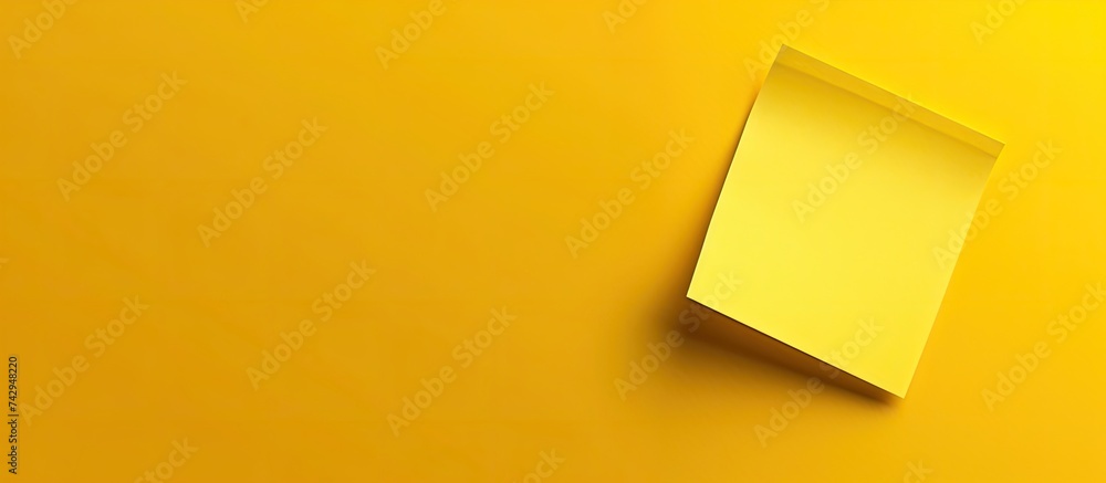 Poster a yellow wall with a white square object mounted on it, possibly a frame or decorative element. the 