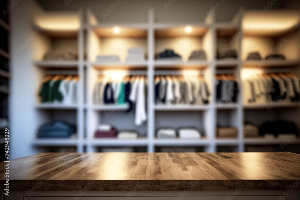 Poster wooden display table with blurred walk in closet in background. flawless generative ai