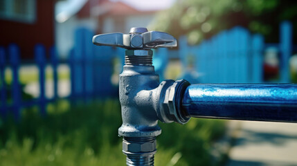 Close up of new blue taps with valve for drinking water pipeline. - obrazy, fototapety, plakaty