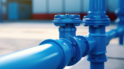 Close up of new blue taps with valve for drinking water pipeline. - obrazy, fototapety, plakaty