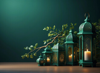 Ramadan kareem luxurious dark green wooden background with lanterns decoration