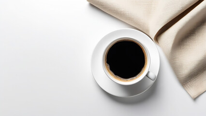 Hot espresso in white cup with beige napkin on the white, light background, morning routine, poster, top view, close up