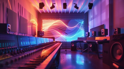 Professional recording studio equipment in a blue virtual environment which includes meta data machine learning, computer, stock illustration image - obrazy, fototapety, plakaty