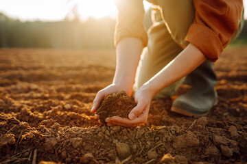 Farmer holding soil in hands close-up. Organic gardening, agriculture. Cultivated dirt, earth,...