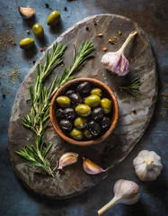 Foto op Aluminium Aromatische Oliven mit intensivem Knoblauch und duftendem Rosmarin © Tribar