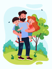 Cartoon illustration for Father's Day. Father plays in the park with his children, a girl and a boy. Happy moments, vector