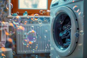 Washing machine in laundry room with basket full of clothes