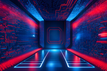 AI abstract Artificial Intelligence background in blue binary code arranged in room road tunnel future shape with red blue lettering vibrant color - obrazy, fototapety, plakaty