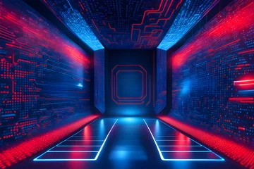 Foto op Plexiglas AI abstract Artificial Intelligence background in blue binary code arranged in room road tunnel future shape with red blue lettering vibrant color © chinthaka
