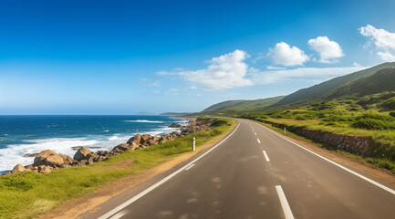 long road along to the ocean leading to the sea - paradise beach coast landscape - travel vacation promotion ad asset illustration