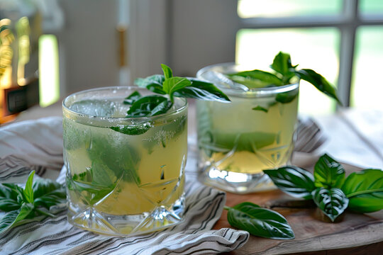 gin basil smash cocktail in glass on wooden table