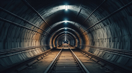 Straight circular concrete railway tunnel with lighting.