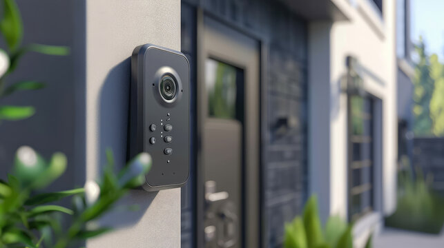 Modern intercom system installed at the entrance of a residential building with a blurred background of a house entrance and greenery.