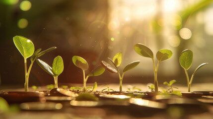 A close up of vibrant green sprouts emerging from coins symbolizing money growth on a wooden desk background Coins scattered sunlight filtering through a window casting dynamic shadows - obrazy, fototapety, plakaty