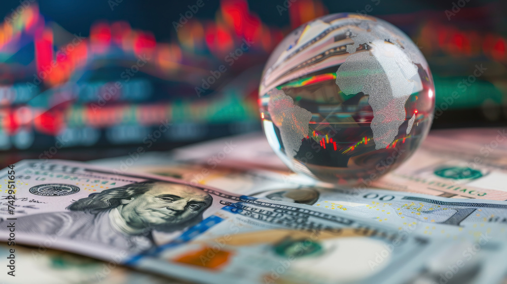 Poster a macro shot of a crystal globe resting on a stack of diversified currency notes with a reflective s
