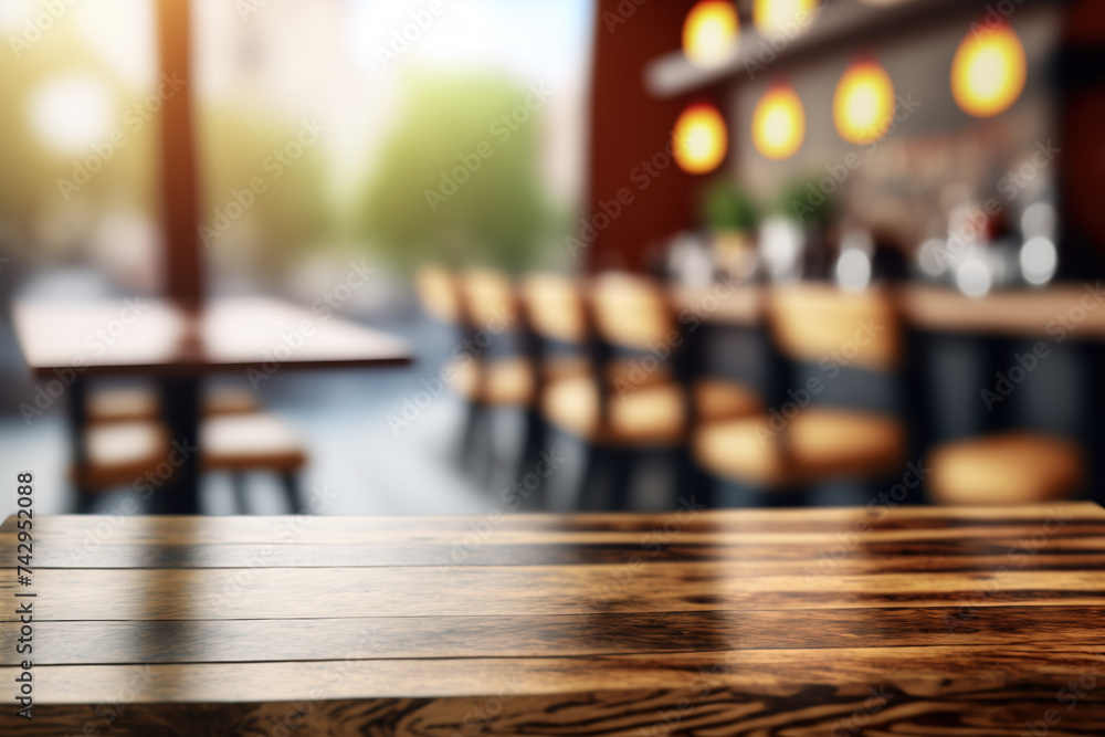 Poster wooden table blurred background of restaurant of cafe with bokeh. flawless generative ai