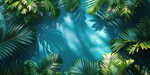 Lush green tropical leaves framing a serene blue background in a vibrant botanical design.