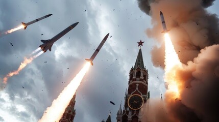 Imposing Image of Multiple Surface-to-Air Missiles Launching in a Salvo with Trails of Fire and Smoke Against a Cloudy Sky, Overlooking the Historic Kremlin Towers - obrazy, fototapety, plakaty