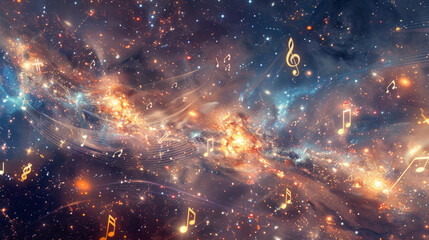 A cosmic symphony of quantum computing with musical notes weaving through the Milky Ways spiral arms - obrazy, fototapety, plakaty