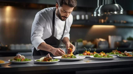 Foto op Aluminium A male chef plating food in plate while working in kitchen. © Wararat