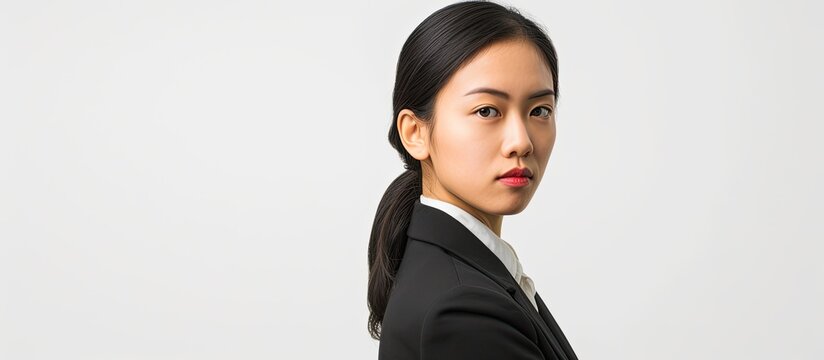 An Asian businesswoman exudes confidence as she poses for a picture in a professional suit and tie on an isolated white background. She stands tall and proud, showcasing her strength and authority in