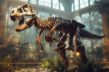 a dinosaur skeleton in a natural history museum.